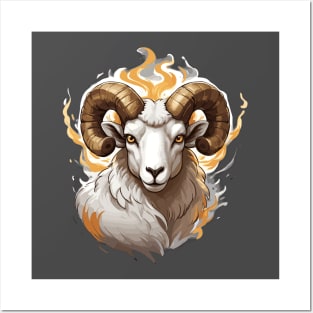 Farm Ram Sheep with Large Horns and Fire Posters and Art